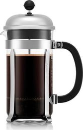 Bodum Chambord front view showing polished stainless frame and glass carafe benefits durable design
