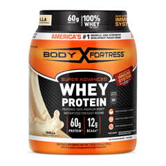 Body Fortress front tub showing label and 30g protein per serving benefit