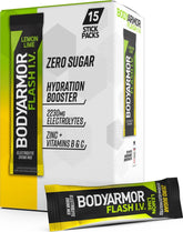 BODYARMOR Flash IV lemon lime front packaging showing 15 sticks and benefits