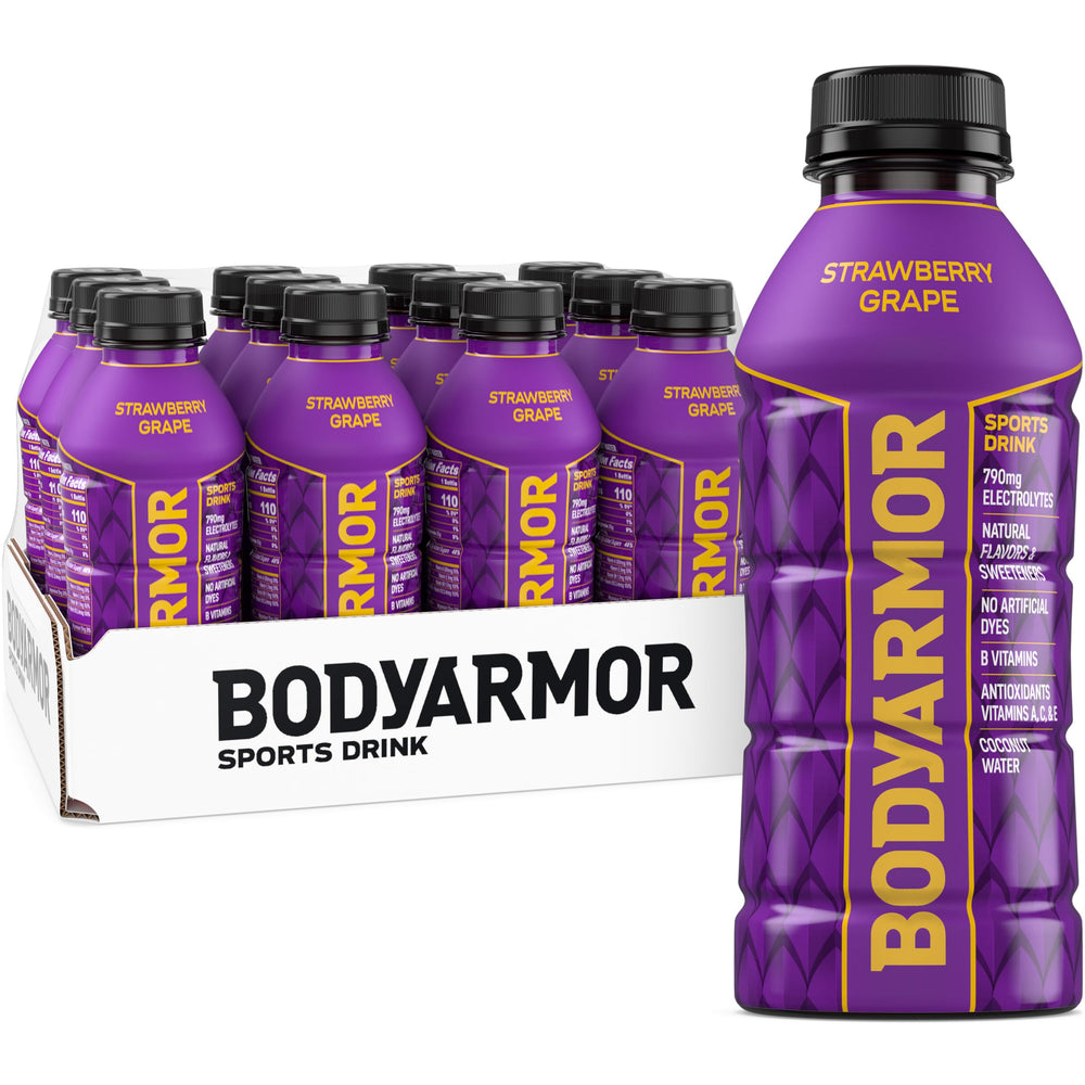 BODYARMOR front packaging showing strawberry grape bottle and benefit of natural hydration