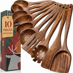 BOKALAKA front view of full 10-piece teak utensil set showing organized layout and value