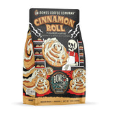 Bones Coffee Company front package showing cinnamon roll flavor and resealable bag benefit