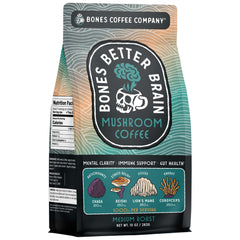 Bones Coffee Company front packaging showing blend and 10 oz size with clear labeling benefit