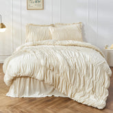 Bonlino front view of queen comforter showing ruched ruffles and elegant look