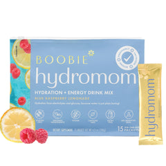 Boobie Hydromom front packaging showing 15 packets and blue rasp lemonade flavor for convenient hydration