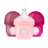Boon Nursh front packaging showing three pink 4oz bottles and benefits