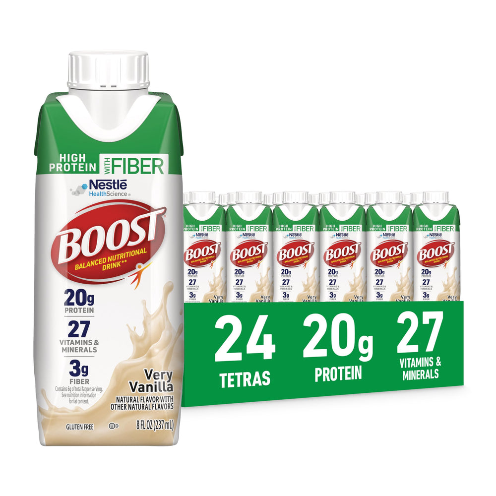 BOOST front packaging showing vanilla shake and 24-pack convenience