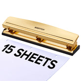 Bostitch front view of gold 3-hole punch showing neat hole alignment benefit