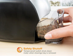 Bostitch QuietSharp shavings receptacle removed, showing easy-clean feature and safety switch