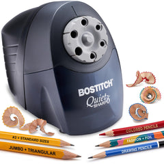 Bostitch QuietSharp 6 front view showing compact classroom-ready sharpener and quiet operation