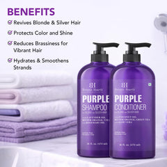 Botanic Hearth pouring purple shampoo demonstrating pigment action and gentle cleanse