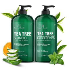 Botanic Hearth shampoo label close-up highlighting tea tree ingredient benefits