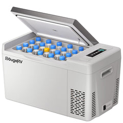 BougeRV front view showing compact 23 quart fridge, ideal for road trips