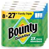 Bounty front packaging showing eight Family Triple Rolls and bulk value