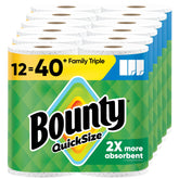 Bounty front packaging showing 12 family triple rolls and bulk convenience