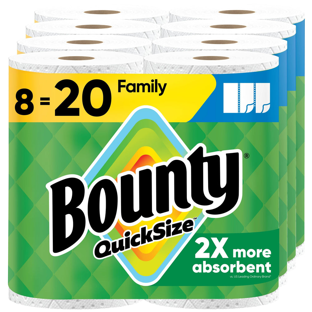 Bounty front packaging showing 8 family rolls and bulk value benefit