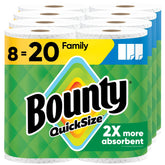 Bounty front packaging showing 8 family rolls and bulk value benefit