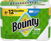Bounty front packaging showing 6 double rolls and pack benefits