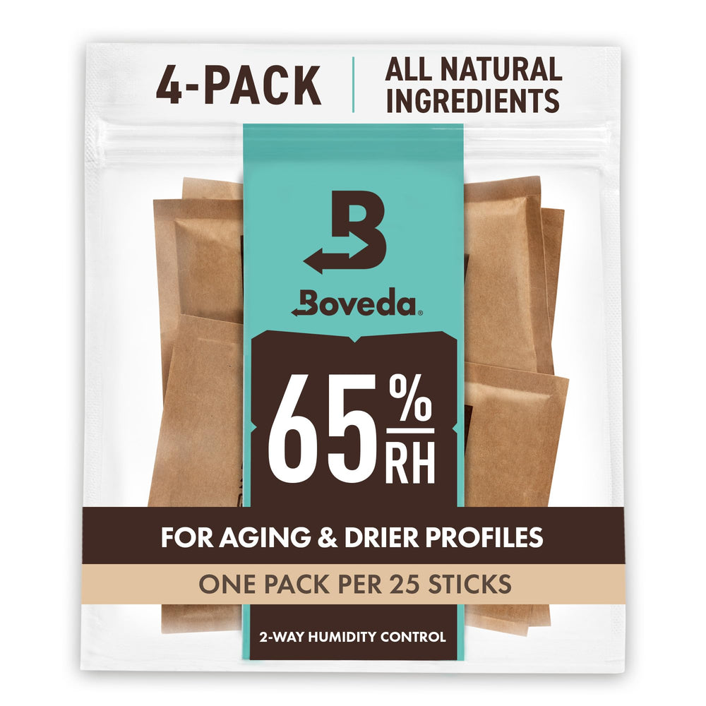 boveda front packaging showing Size 60 4‑pack and clear benefit of stable humidity