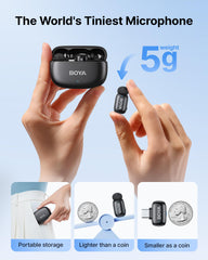 BOYA mini 2 beside a coin to show size and portability benefits