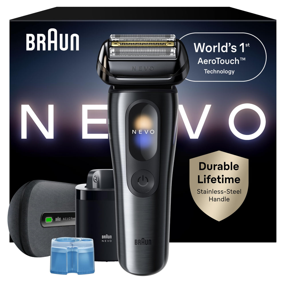 Braun NEVO front view showing ergonomic handle and premium finish benefit: comfortable grip