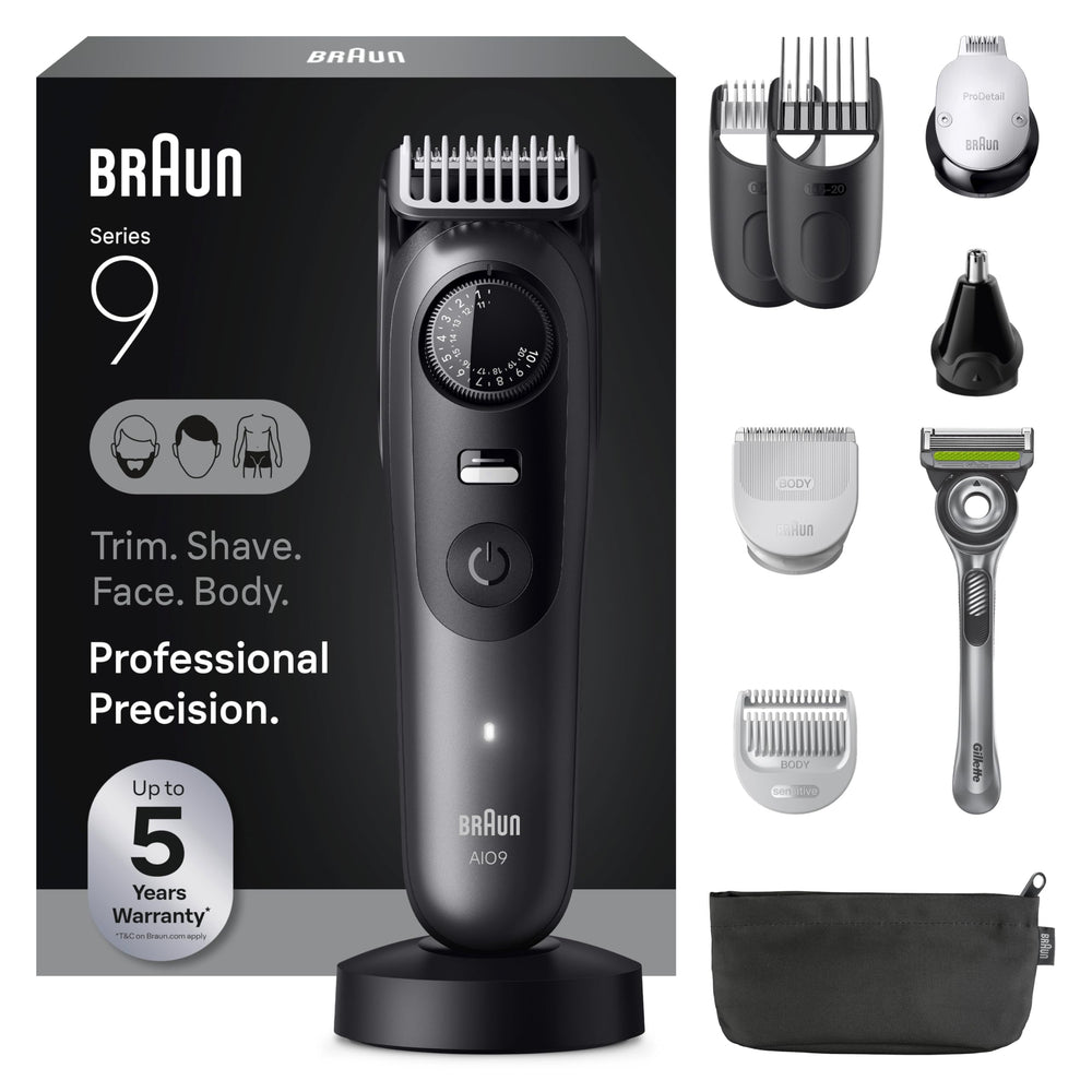 Braun Series 9 PRO front view showing controls and sleek design for versatile grooming