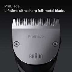 Braun Precision ProTrimmer attached for sharp edges and exact facial detailing