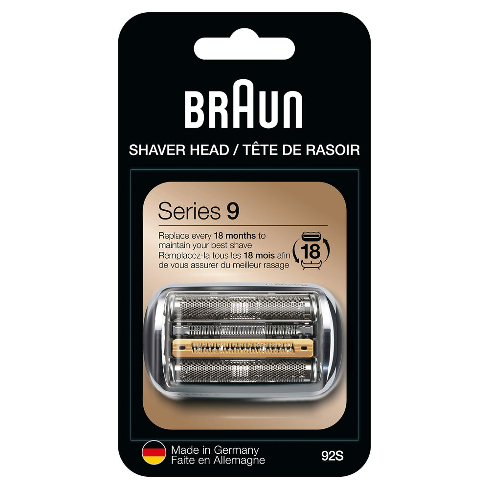Braun Series 9 92S front view showing sleek silver head and fit for a precise shave