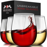 Bravario front view of four stemless glasses showing clear look and durable design