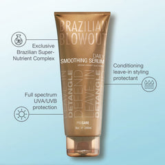 BRAZILIAN BLOWOUT serum being applied to hair, demonstrates frizz control benefit