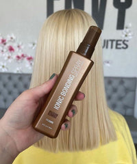 Brazilian Blowout label and size detail highlighting color-safe, paraben-free benefits
