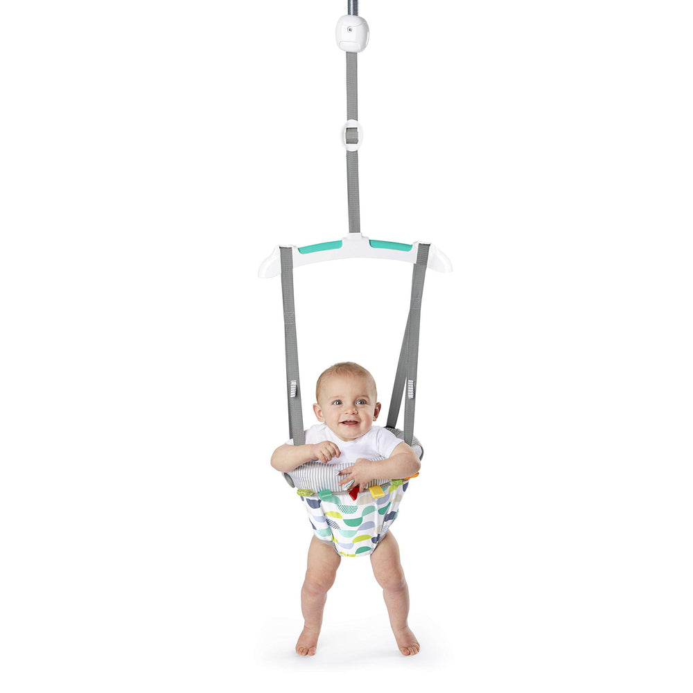Bright Starts front view of door jumper showing secure clamp and frame benefit