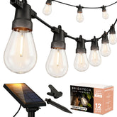 Brightech front packaging showing full 27ft solar string lights and included panel benefit durability