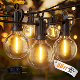 Brightown front view of package showing 55ft patio string lights and bulb count benefit