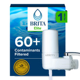 BRITA Elite Advanced front view showing sleek white housing and clean look benefits clarity
