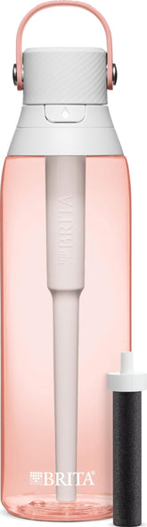 BRITA front view of blush bottle showing sleek design and benefit portability