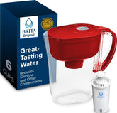 BRITA Metro front view in fiery red showing compact design and easy pour benefit