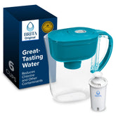 BRITA Metro front view in turquoise showing compact design and easy storage benefit