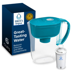 BRITA Metro front view in turquoise showing compact design and easy storage benefit
