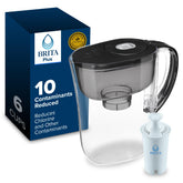 BRITA metro pitcher front view showing sleek black finish and compact design benefit: fridge-friendly storage