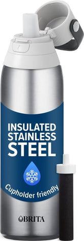 Brita front view showing stainless steel bottle and label for durable hydration