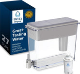 BRITA UltraMax front view showing gray dispenser and capacity benefit
