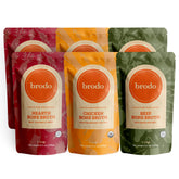 Brodo front packaging showing six organic beef bone broth pouches and benefits