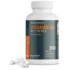 Bronson bottle front label showing K2 MK-7 and 360 tablets for convenient supply