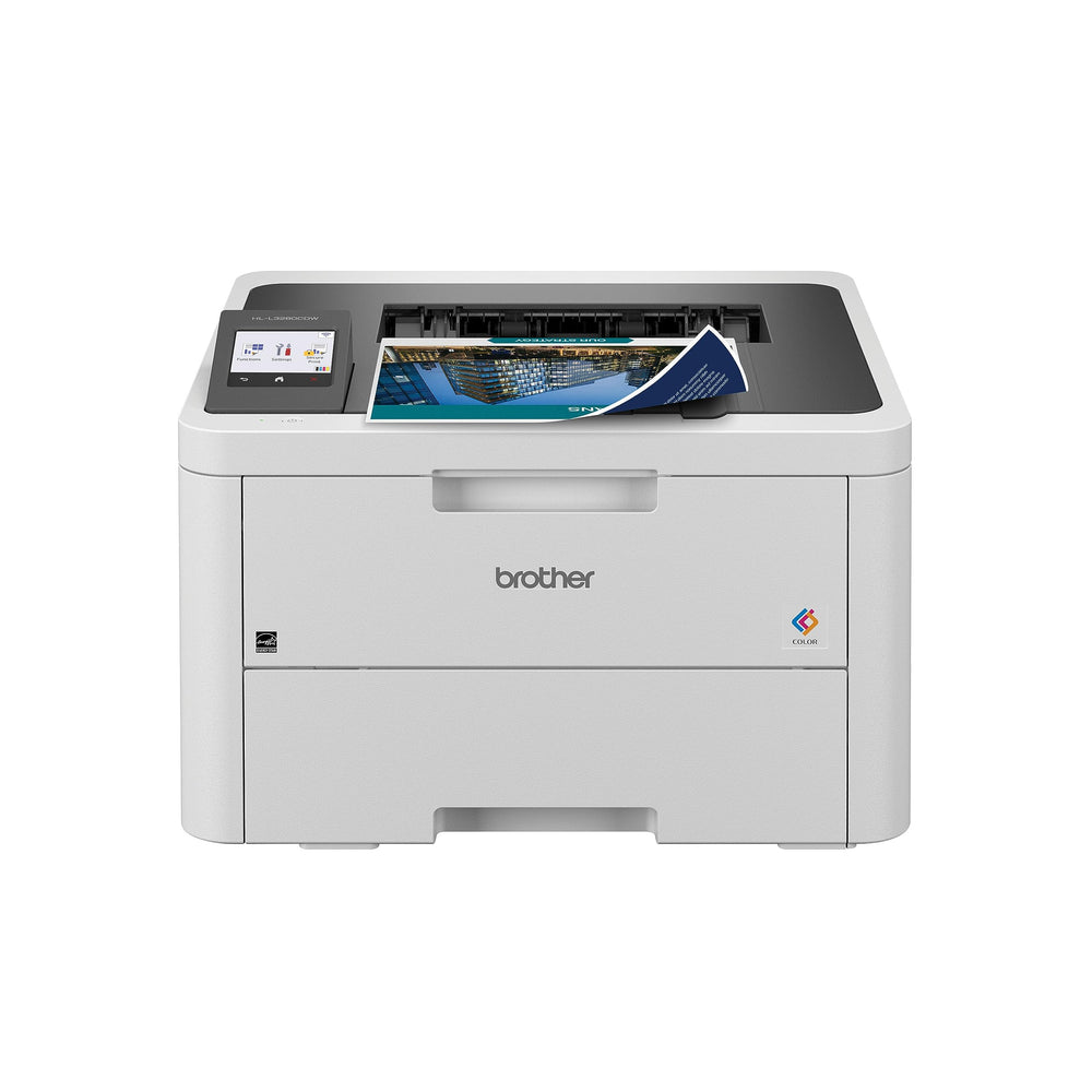 Brother front view showing compact color laser printer, saves desk space
