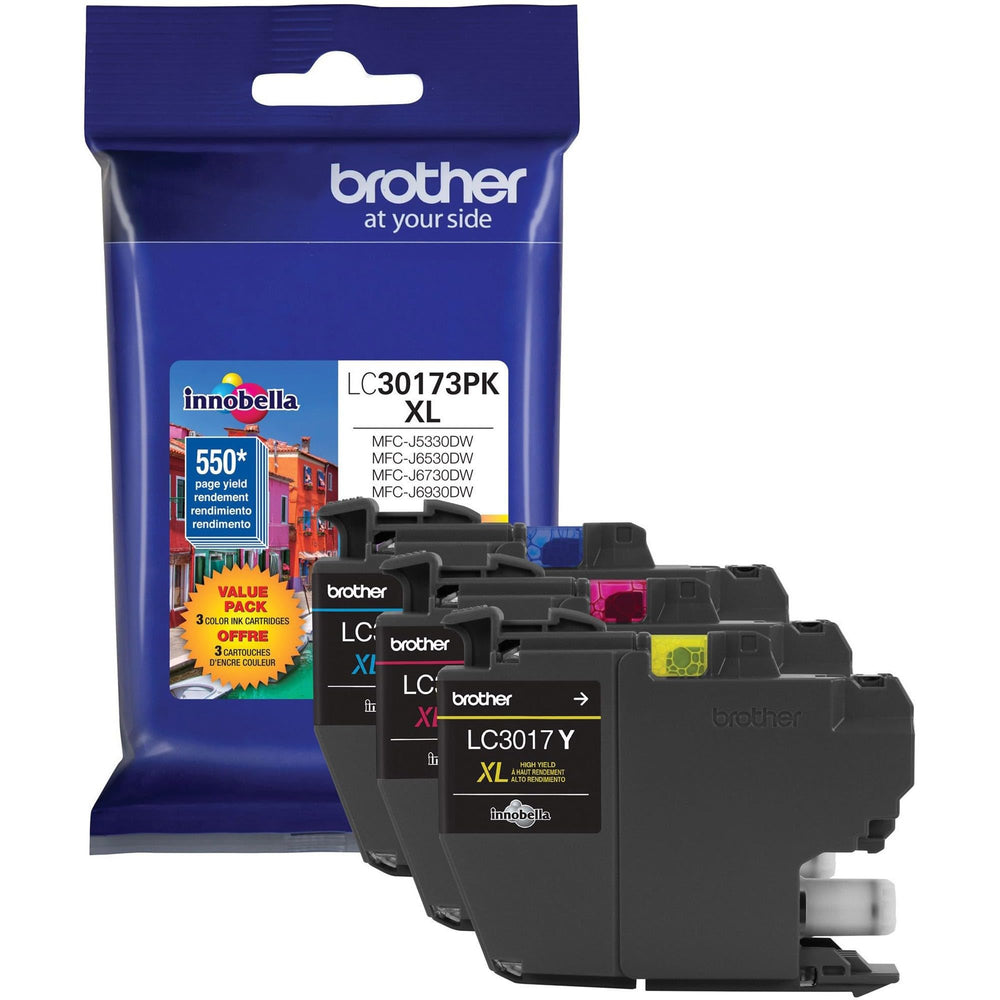 Brother LC30173PK front packaging showing three color cartridges and clear labeling for easy identification and reliable supply