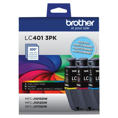 Brother LC401 front packaging showing three color cartridges and convenience