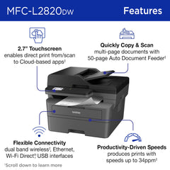 Brother MFC-L2820DW auto document feeder and 250-sheet tray for efficient batching