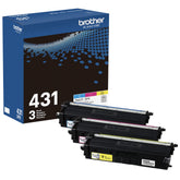Brother TN-431 front packaging showing three color cartridges and convenience