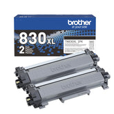 Brother front view of TN830XL twin-pack showing packaging and benefit of stock-up reliability